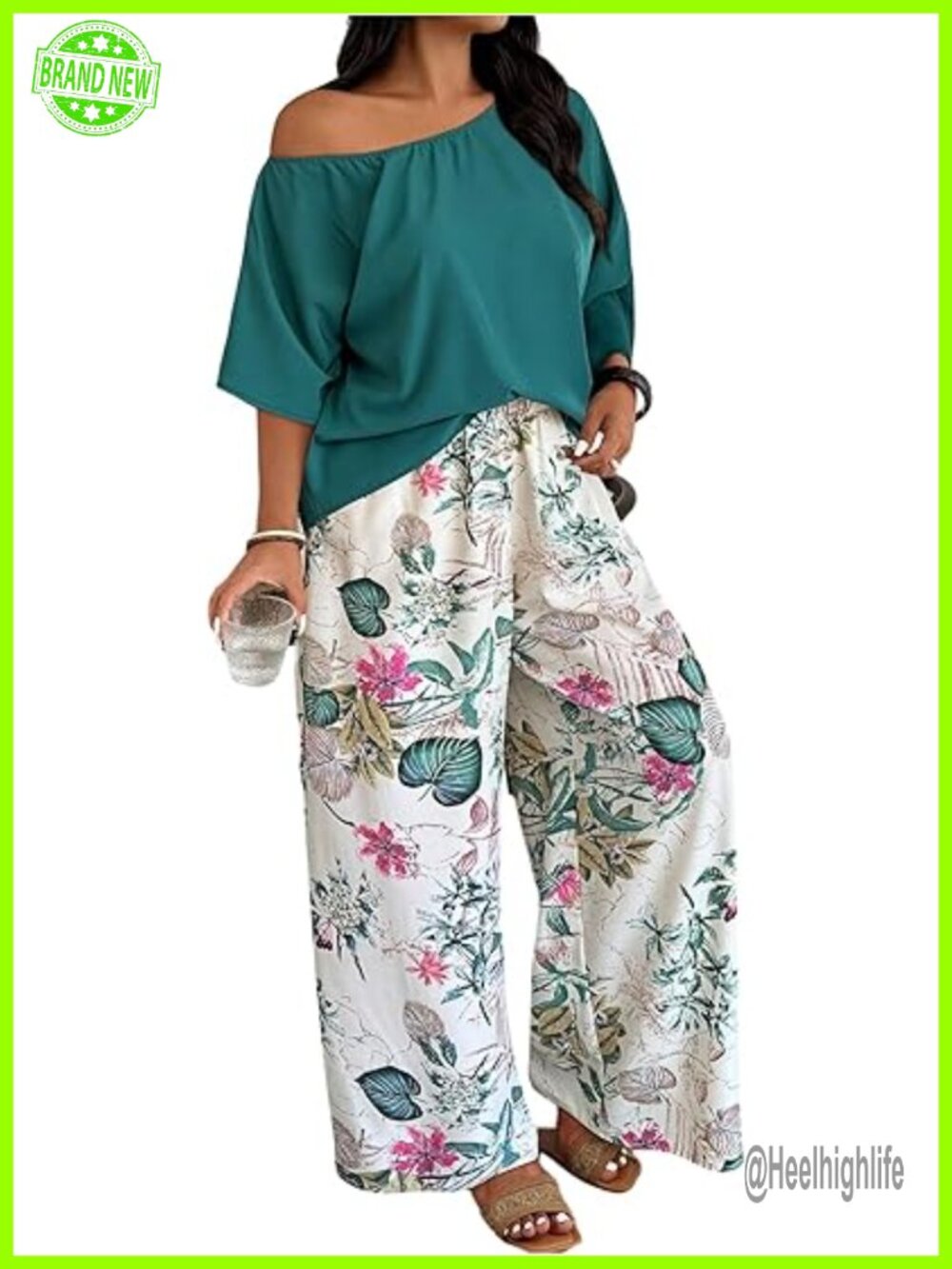 Plus Size 2 Piece Vacation Outfits Off Shoulder 3/4 Sleeve Top and Boho Print
